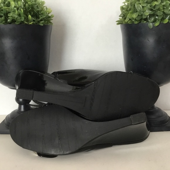 Stuart Weitzman Black Patent Peep Toe Wedges, 8M - Picture 6 of 8
